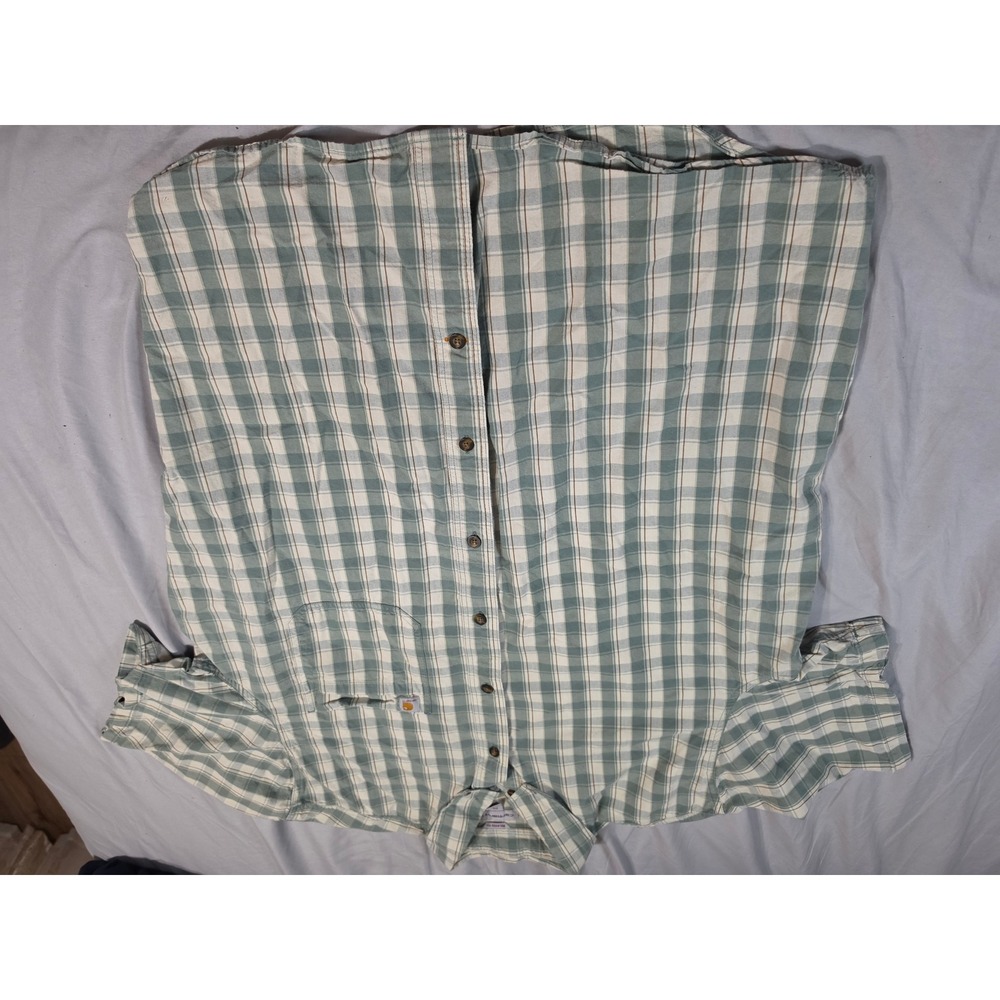 Carhartt Mens 2XL Relaxed Fit Short Sleeve Plaid Button Down Shirt Sage Green